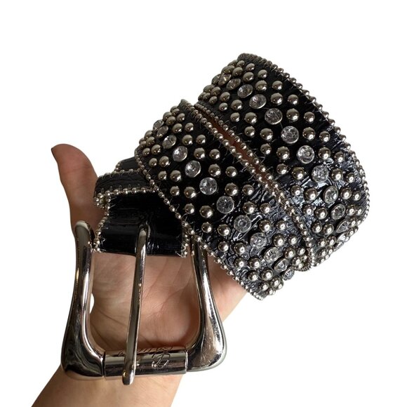 Y2K Guess Black Leather Rhinestone & Studded Belt With Silver Buckle M - Picture 2 of 4